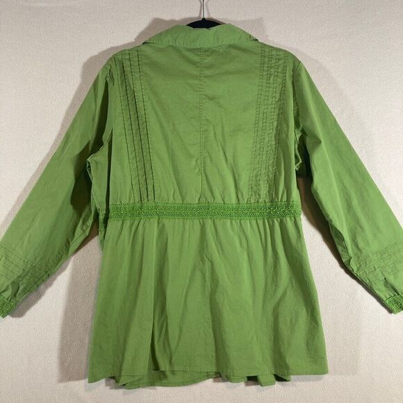 Susan Graver Blouse 1X Green Button Up Pintuck Lace Long Sleeve Collared - Picture 9 of 10